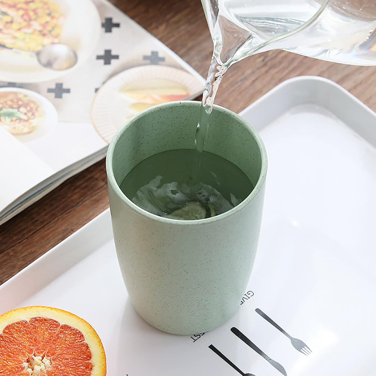 16 Pack Wheat Straw Reusable Cup Unbreakable Drinking Cup Set, 13Oz Wheat Straw Tumbler Bathroom Stackable Toothbrush Cups Tea Juice Coffee Cup, Biodegradable Heaithy