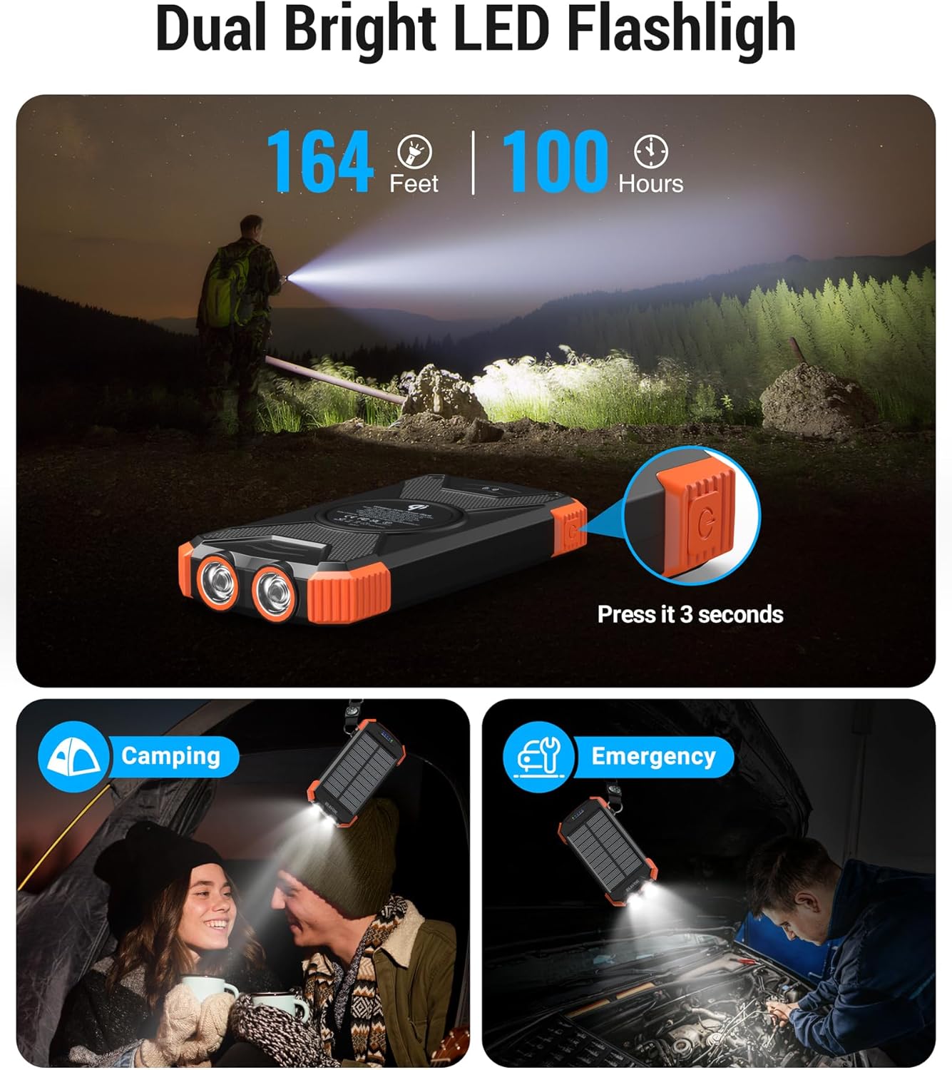 Solar Charger Power Bank 10,000Mah, Portable Wireless Charger, 20W Fast Charging External Battery Pack with USB C for Cell Phones, Solar Panel Charger with Dual Flashlight and Compass