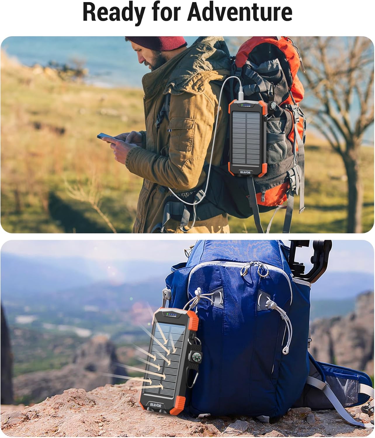 Solar Charger Power Bank 10,000Mah, Portable Wireless Charger, 20W Fast Charging External Battery Pack with USB C for Cell Phones, Solar Panel Charger with Dual Flashlight and Compass