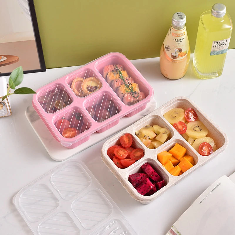 New Wheat Straw Lunch Box Heat-Resistant Leak Proof Dinnerware Fruit Case 5-Compartment Plastic Bento Box Divided Light Food Box