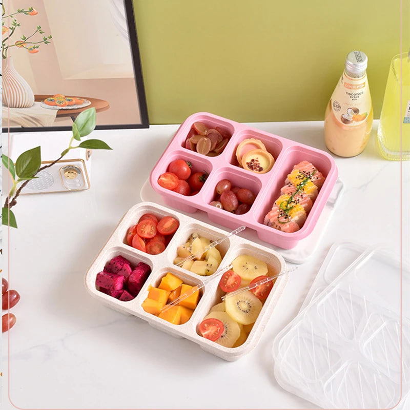 New Wheat Straw Lunch Box Heat-Resistant Leak Proof Dinnerware Fruit Case 5-Compartment Plastic Bento Box Divided Light Food Box