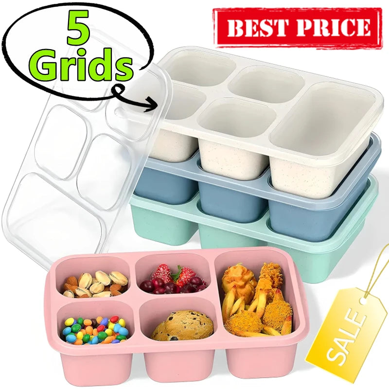 New Wheat Straw Lunch Box Heat-Resistant Leak Proof Dinnerware Fruit Case 5-Compartment Plastic Bento Box Divided Light Food Box