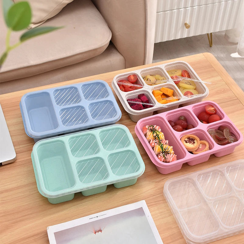 New Wheat Straw Lunch Box Heat-Resistant Leak Proof Dinnerware Fruit Case 5-Compartment Plastic Bento Box Divided Light Food Box