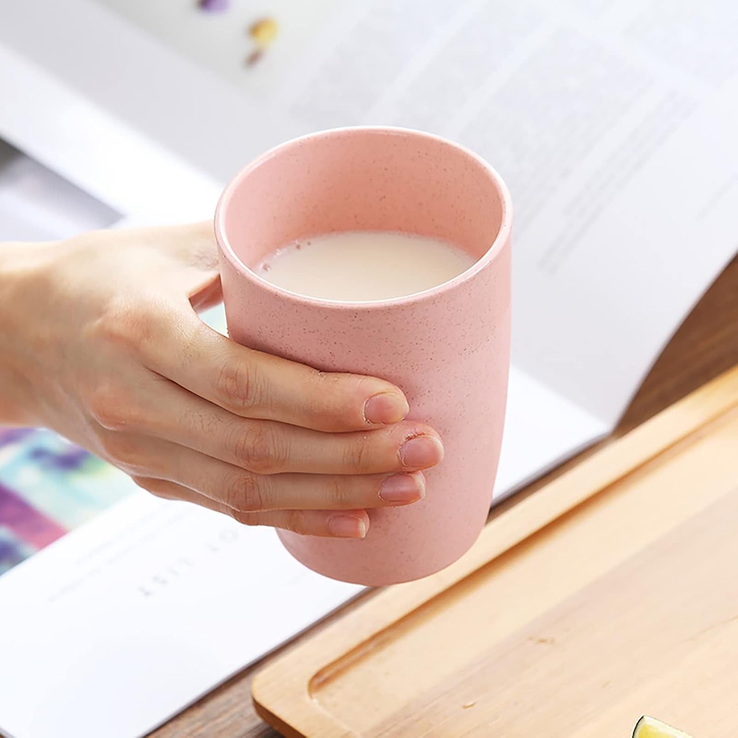 16 Pack Wheat Straw Reusable Cup Unbreakable Drinking Cup Set, 13Oz Wheat Straw Tumbler Bathroom Stackable Toothbrush Cups Tea Juice Coffee Cup, Biodegradable Heaithy